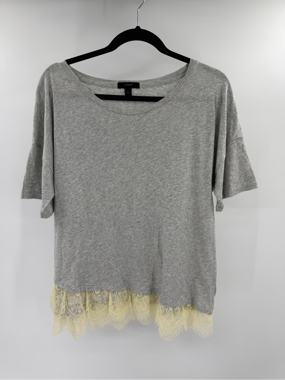 J.Crew Gray Short Sleeve Tee with Cream Lace Hem Elevated Basic Size Large